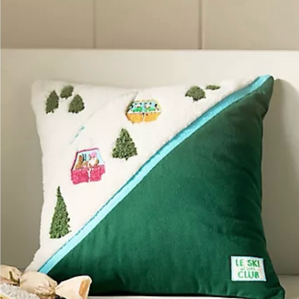 Anthropologie Festive Green and Cream Ski Club Pillow